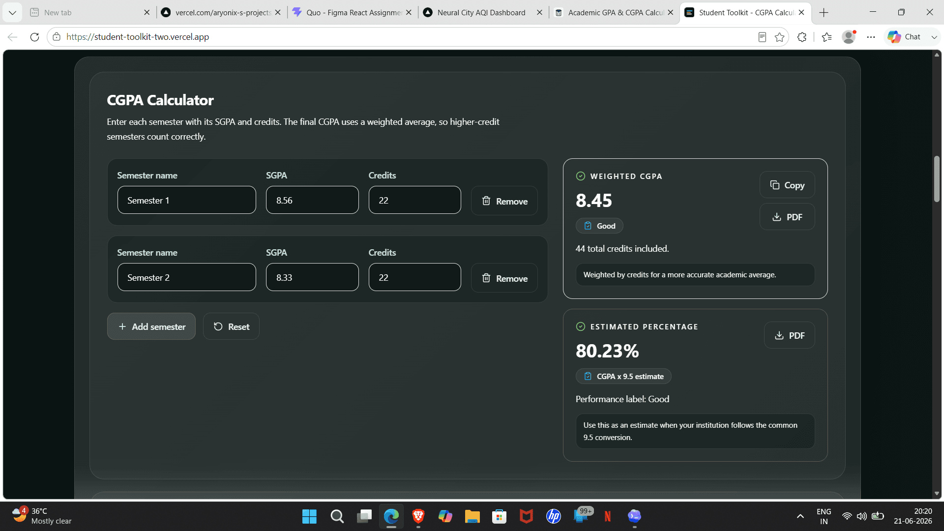 Student Toolkit CGPA calculator screenshot