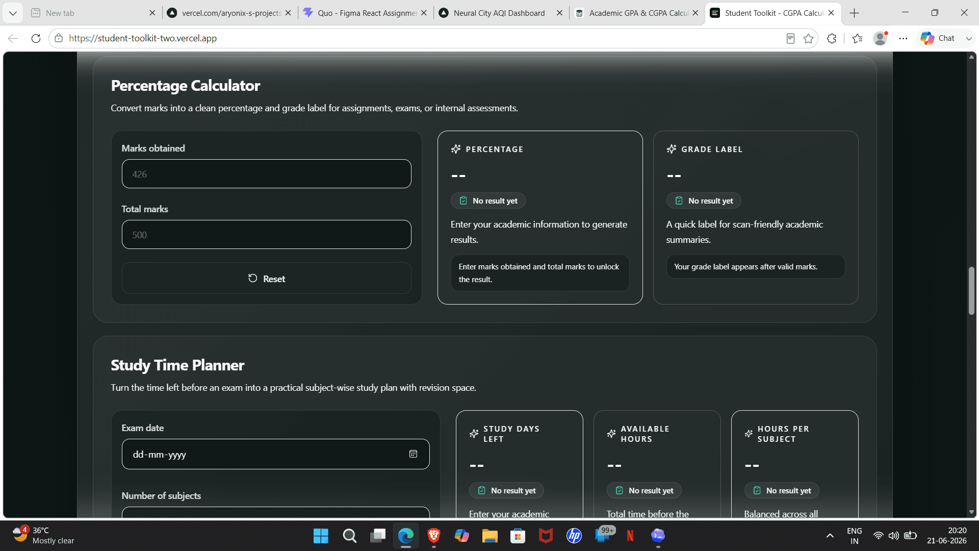 Student Toolkit percentage calculator screenshot