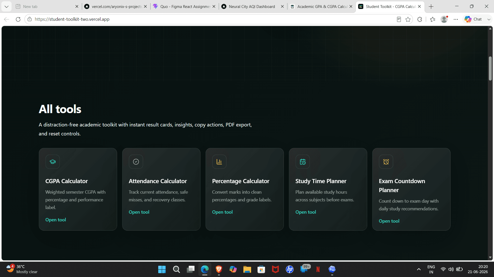 Student Toolkit tools section screenshot